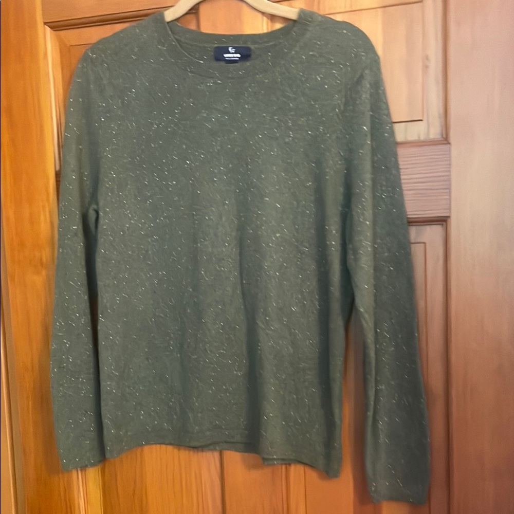 Women’s Cashmere Olive Green Crewneck Sweater with Speckle Large Lands End